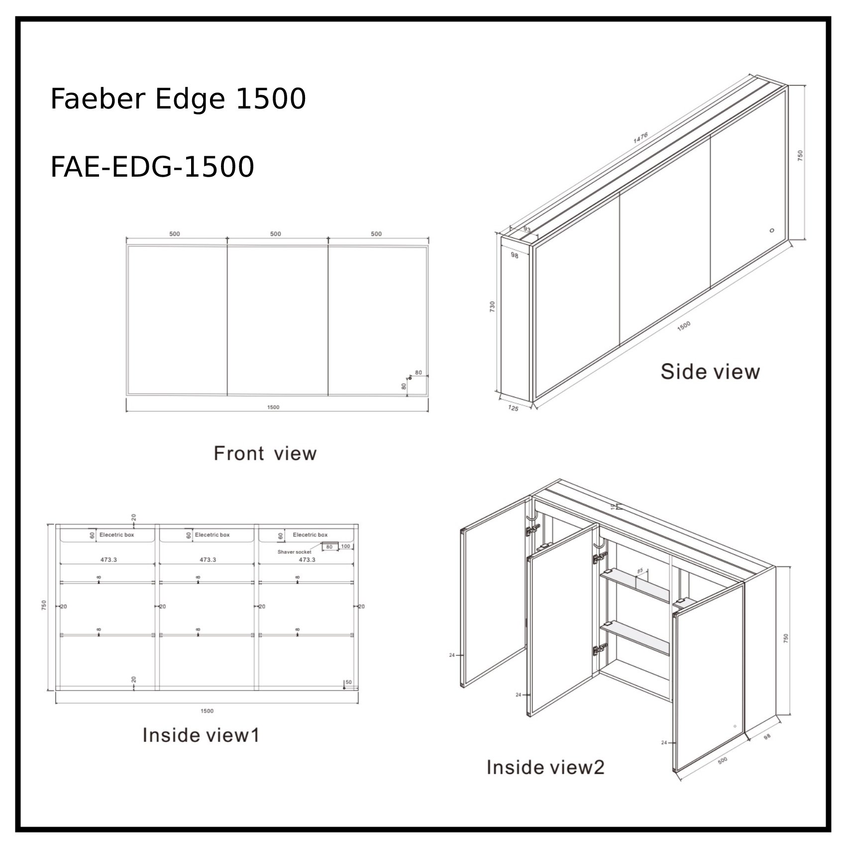 Faeber Edge 1500 Led 3 Door Illuminated Mirror Cabinet (recess Compatible) Specs