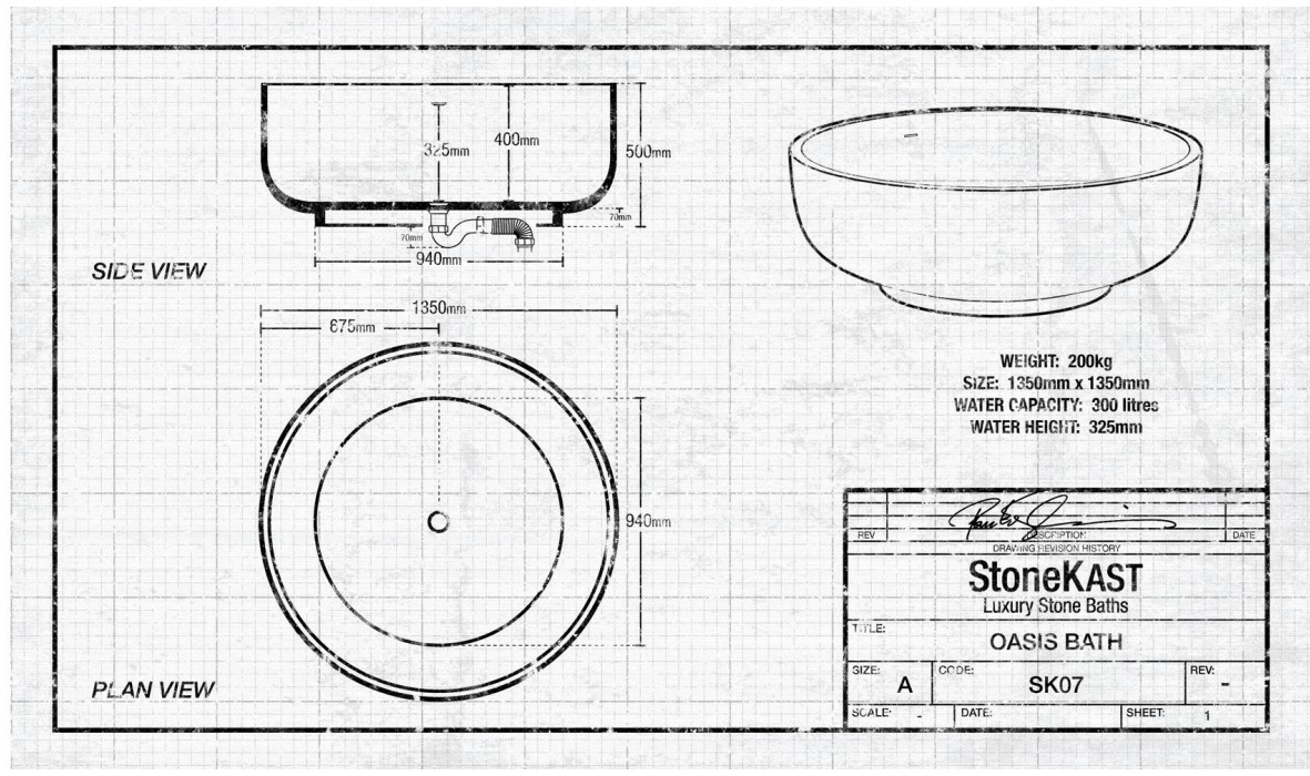 StoneKAST Oasis Double Ended Freestanding Bath 1350 x 1350mm Matt White Specs