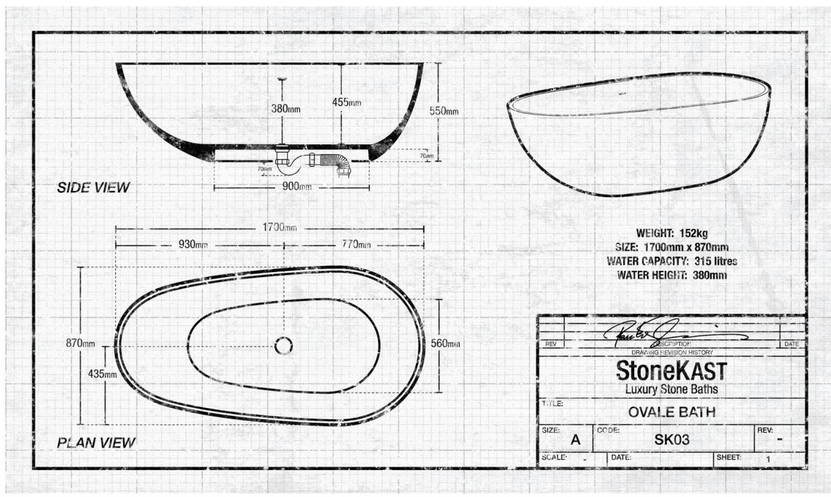 StoneKAST Ovale Single Ended Freestanding Bath 1700 x 900mm Matt White Specs