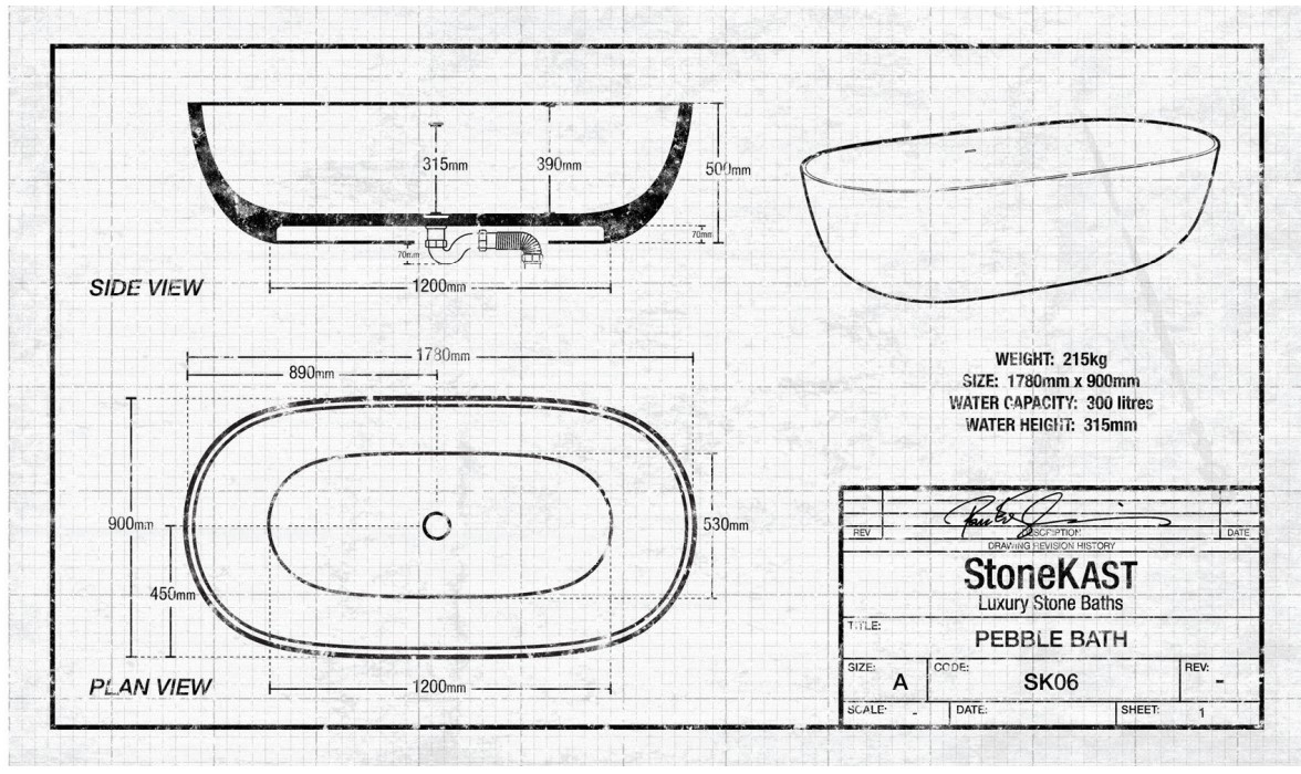 StoneKAST Pebble Freestanding Bath 1800 x 900mm Matt White (Waste Included) Specs