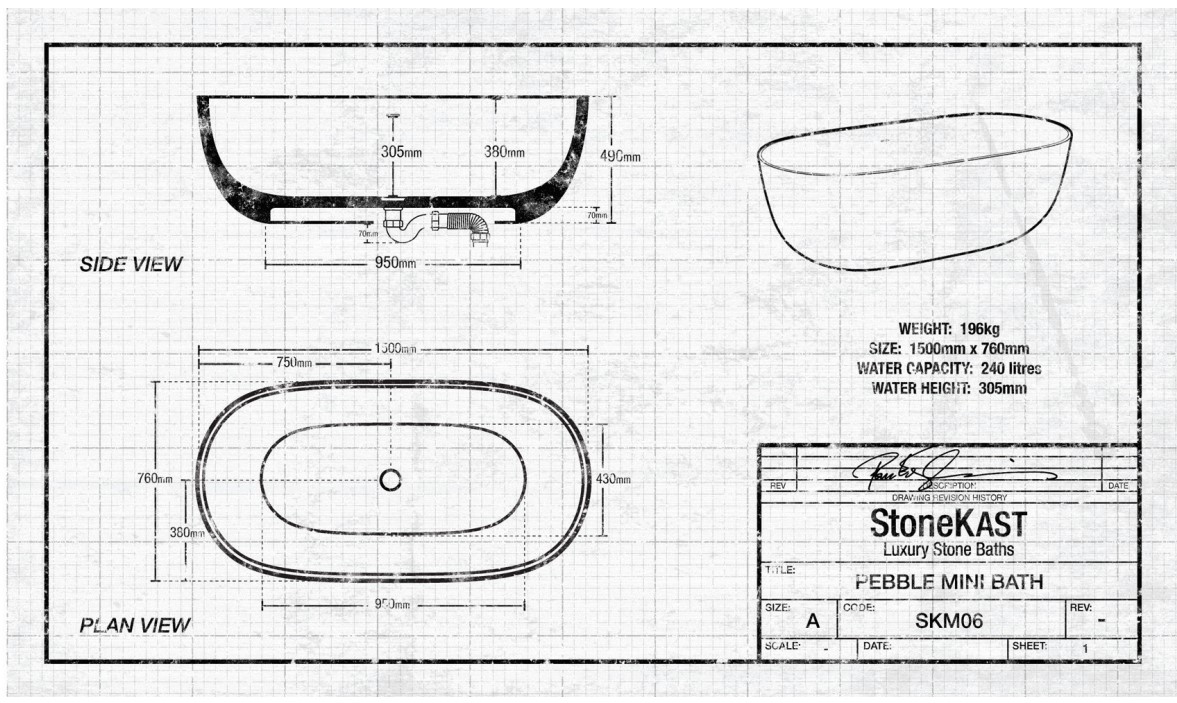StoneKAST Pebble Mini Freestanding Bath 1500 x 760mm Matt White (Waste Included) Specs