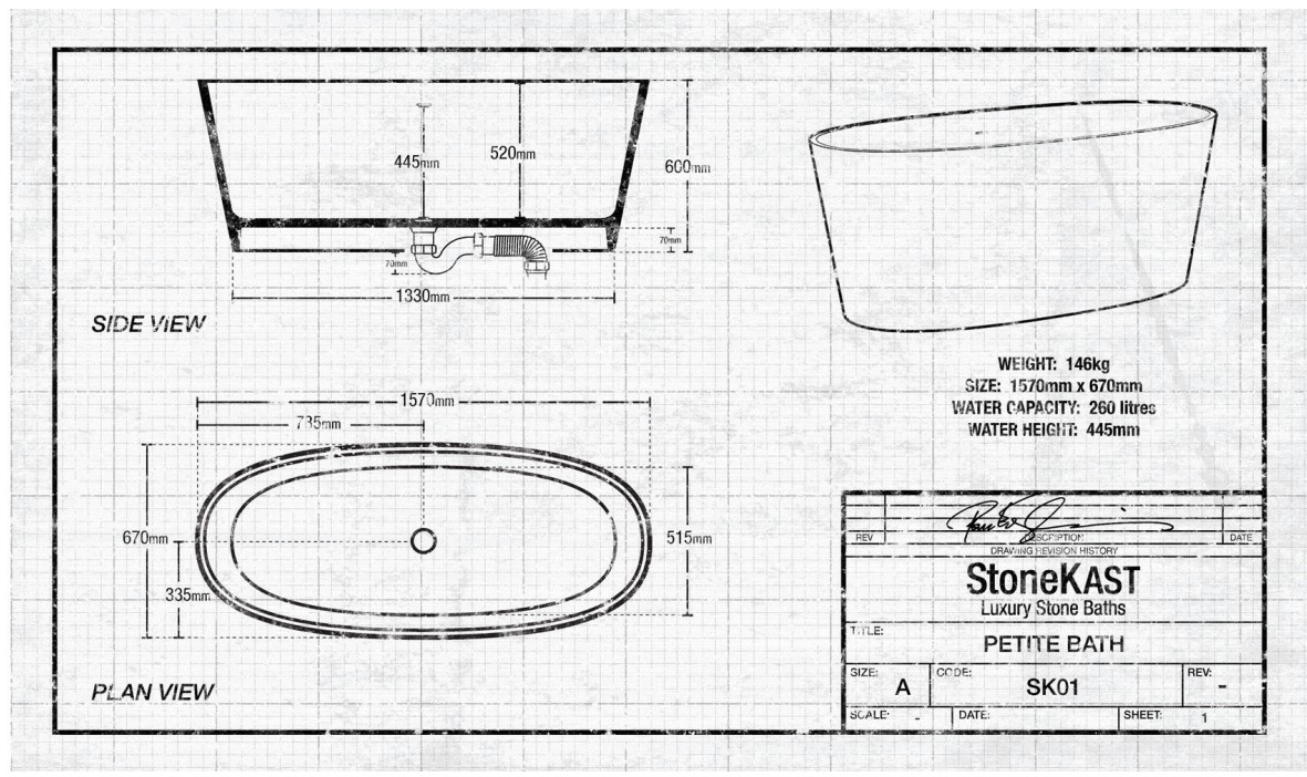 StoneKAST Petite Freestanding Bath 1570 x 670mm Matt White (Waste Included) Specs