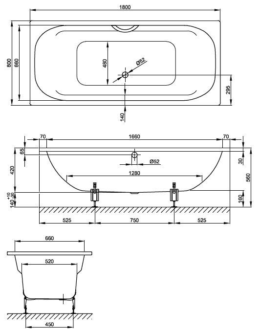 Bette Duo Double Ended Bath 1800 x 800mm with Overflow White (Feet Included) Specs
