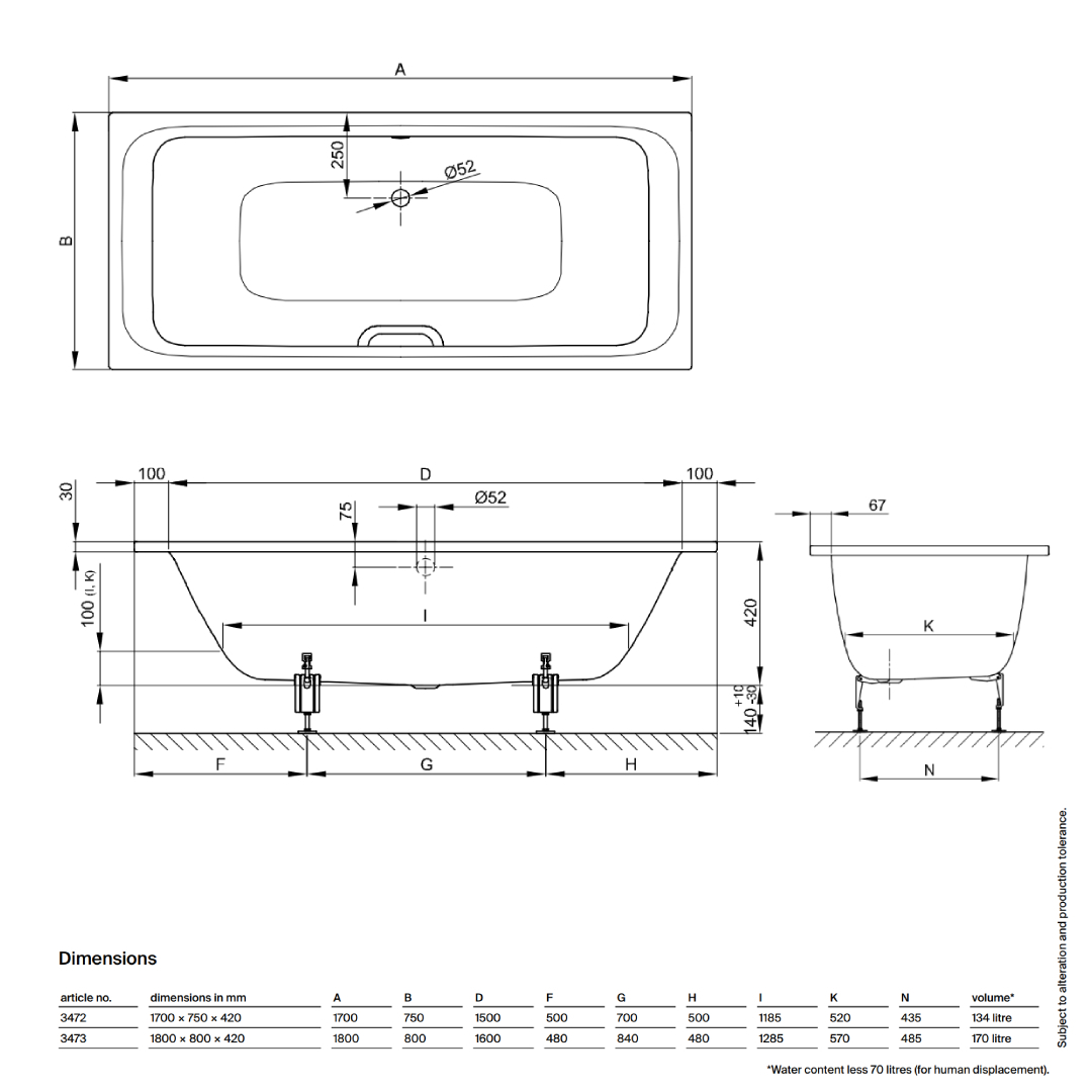 Bette Select Duo Double Ended Bath with Overflow White (Feet Included) Specs