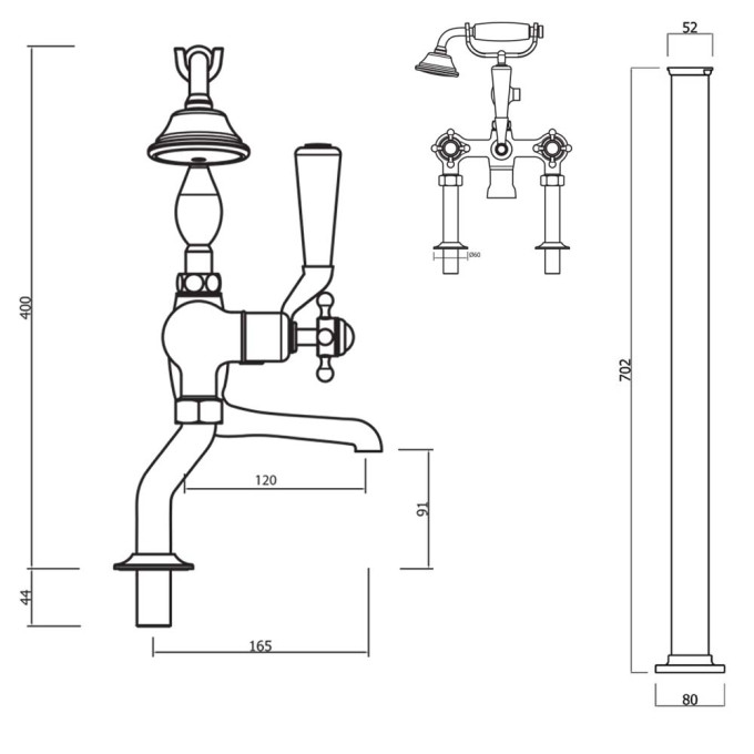 Crosswater Belgravia Traditional Crosshead Bath Shower Mixer Tap with Leg Set Unlacquered Brass