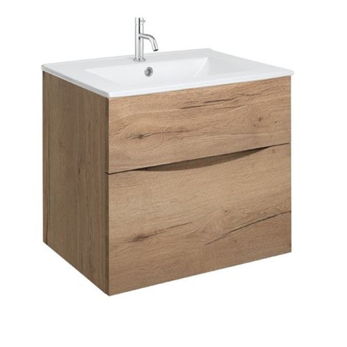 Crosswater Glide II 600mm Wall Mounted 2 Drawer Vanity Unit with Ceramic Basin Windsor Oak