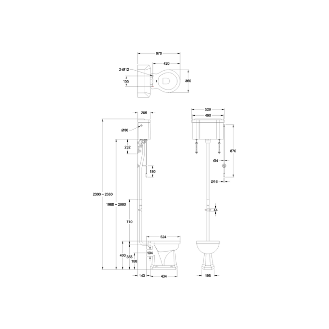 Burlington High Level Close Coupled Toilet with Dual Flush Cistern, Chrome Flush Pipe & Ornate Brackets (Seat Sold Separately)