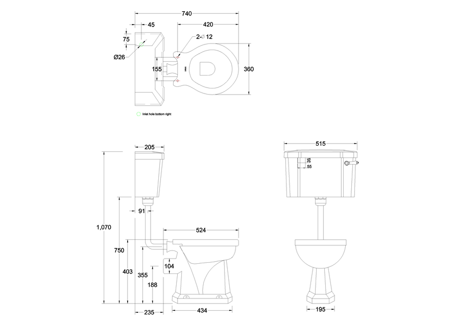 Burlington Low Level Close Coupled Toilet with 520 Lever Cistern (Seat Sold Separately) Specs