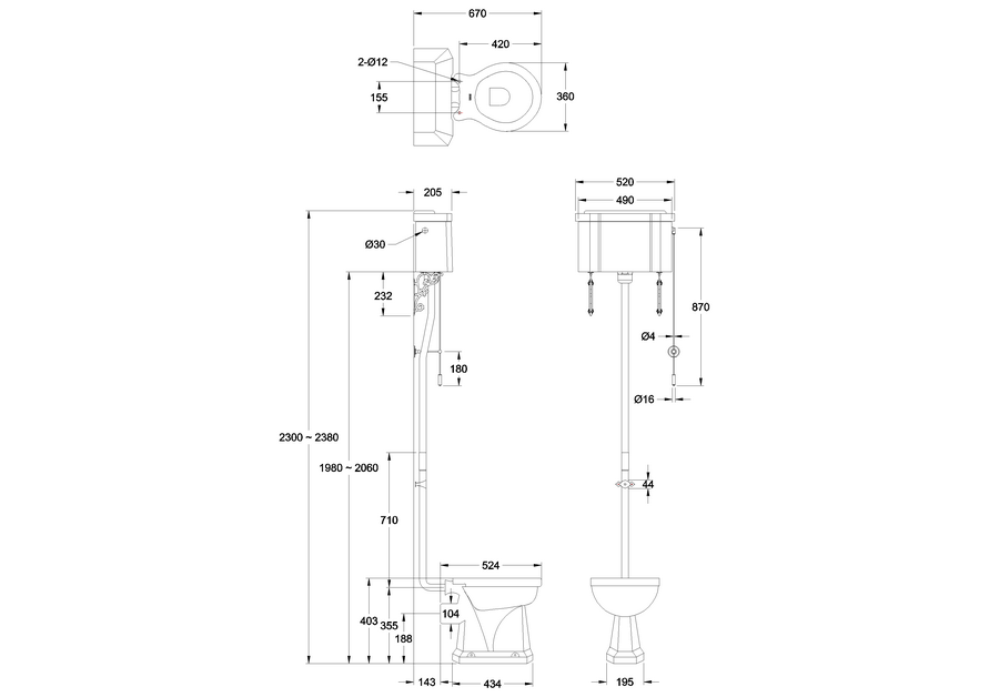 Burlington High Level Close Coupled Toilet with Dual Flush Cistern, Chrome Flush Pipe & Ornate Brackets (Seat Sold Separately) Specs