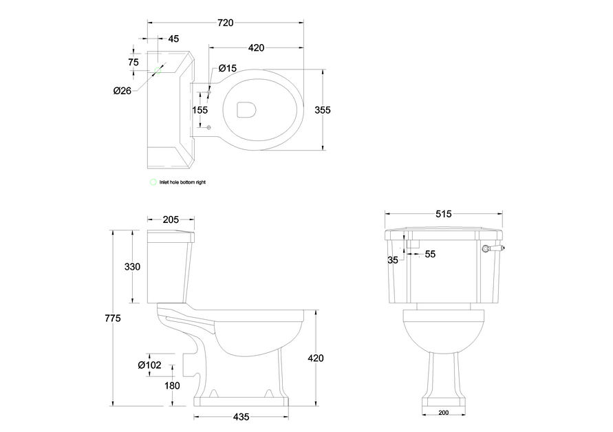 Burlington Close Coupled Toilet with 520 Lever Cistern (Seat Sold Separately) Specs