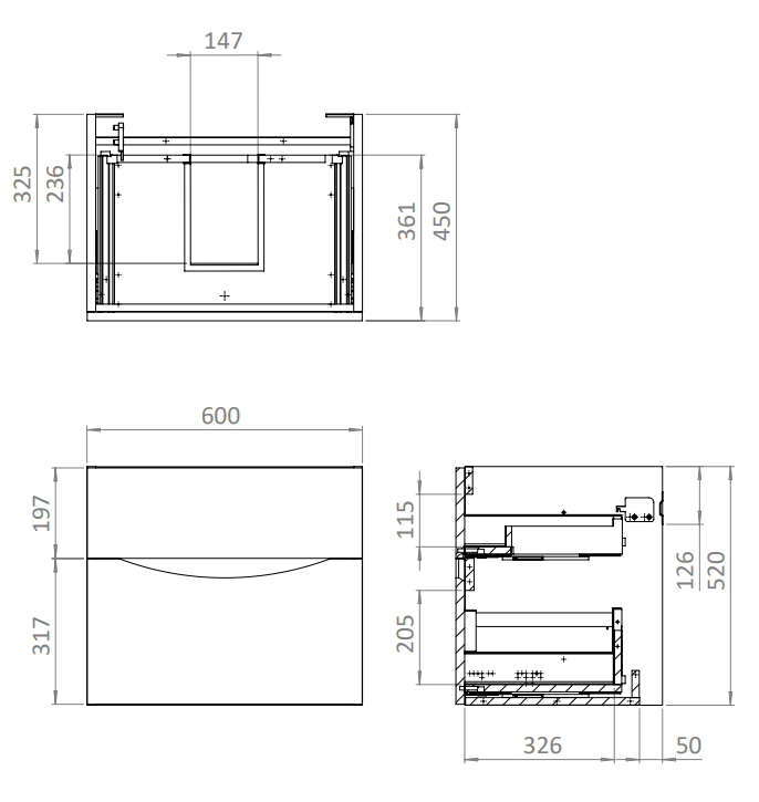 Crosswater Glide II 600mm Wall Mounted 2 Drawer Vanity Unit with Ceramic Basin Matt Black Specs