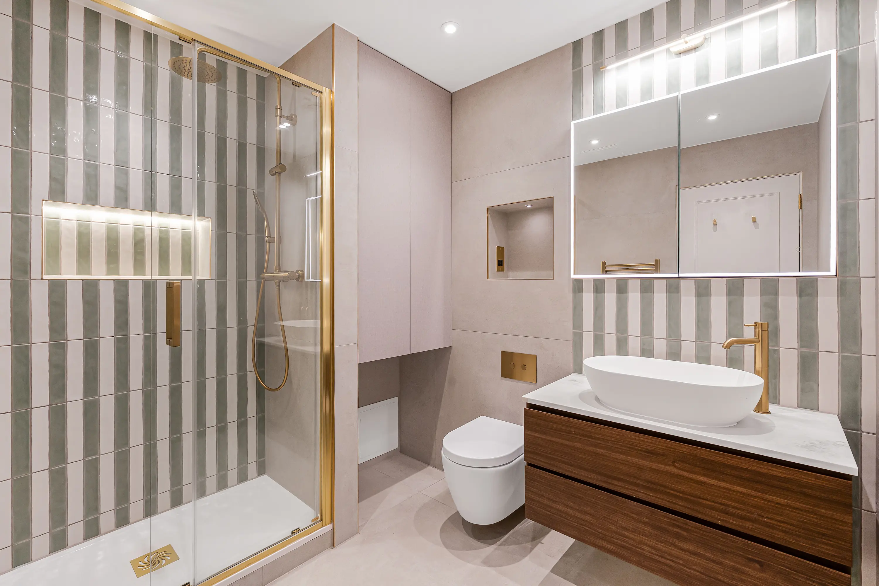 A Vertical-Stripe Sanctuary with Brushed Brass Accents