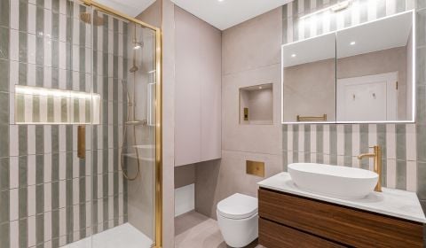 360° View - A Vertical-Stripe Sanctuary with Brushed Brass Accents